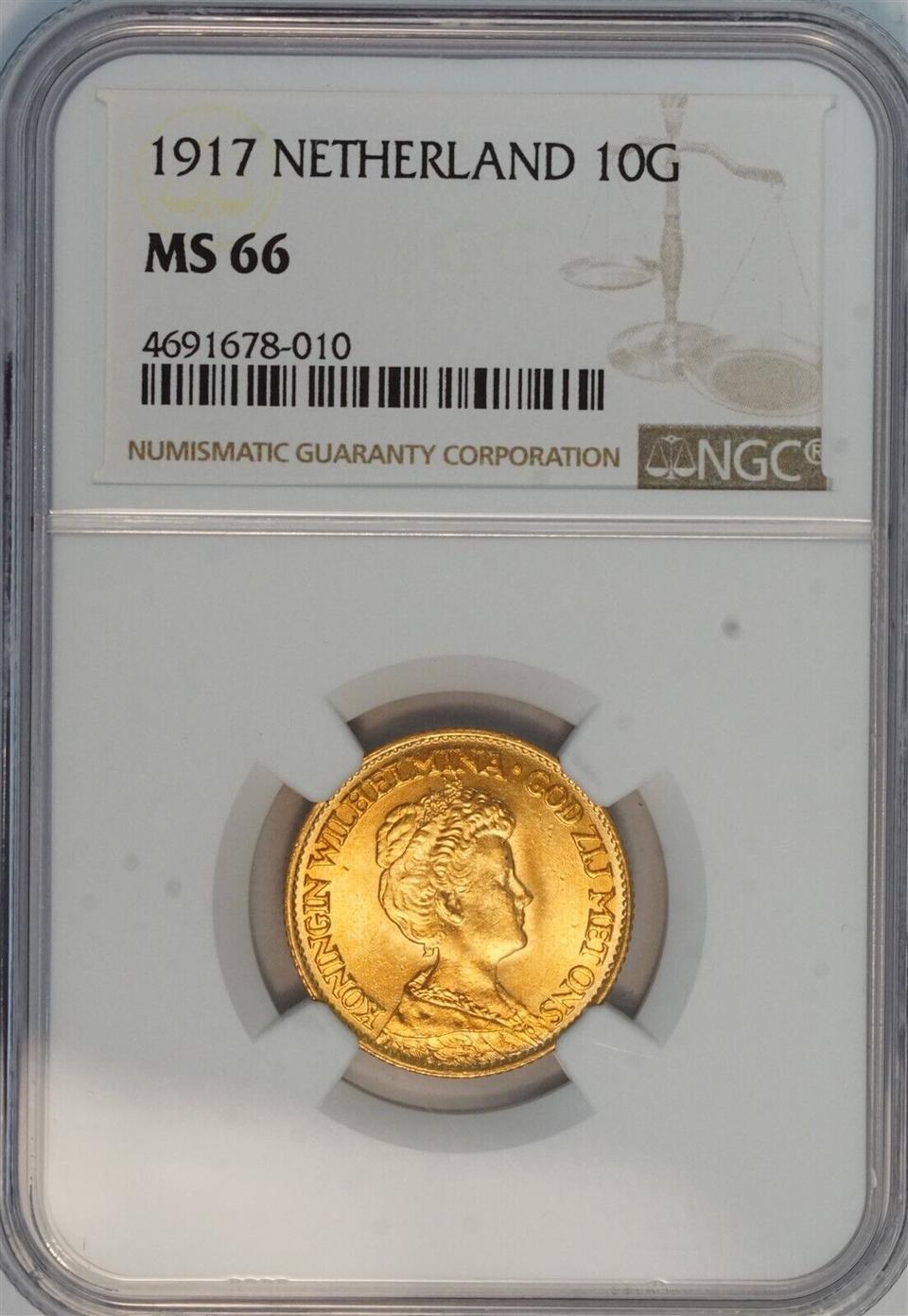 금화, 네덜란드  1917년 발행 10 굴덴 NGC MS 66