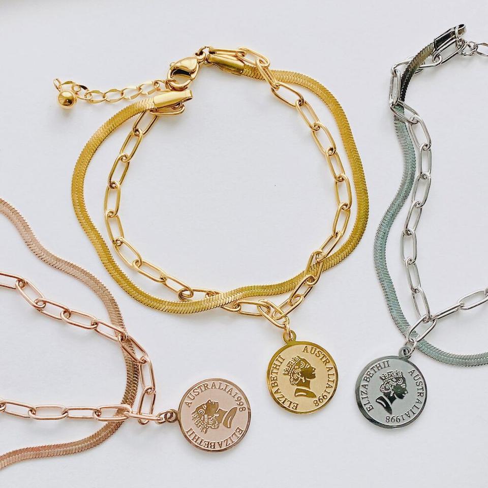 [써지컬스틸]  뱀줄 두줄 체인 코인 팔찌