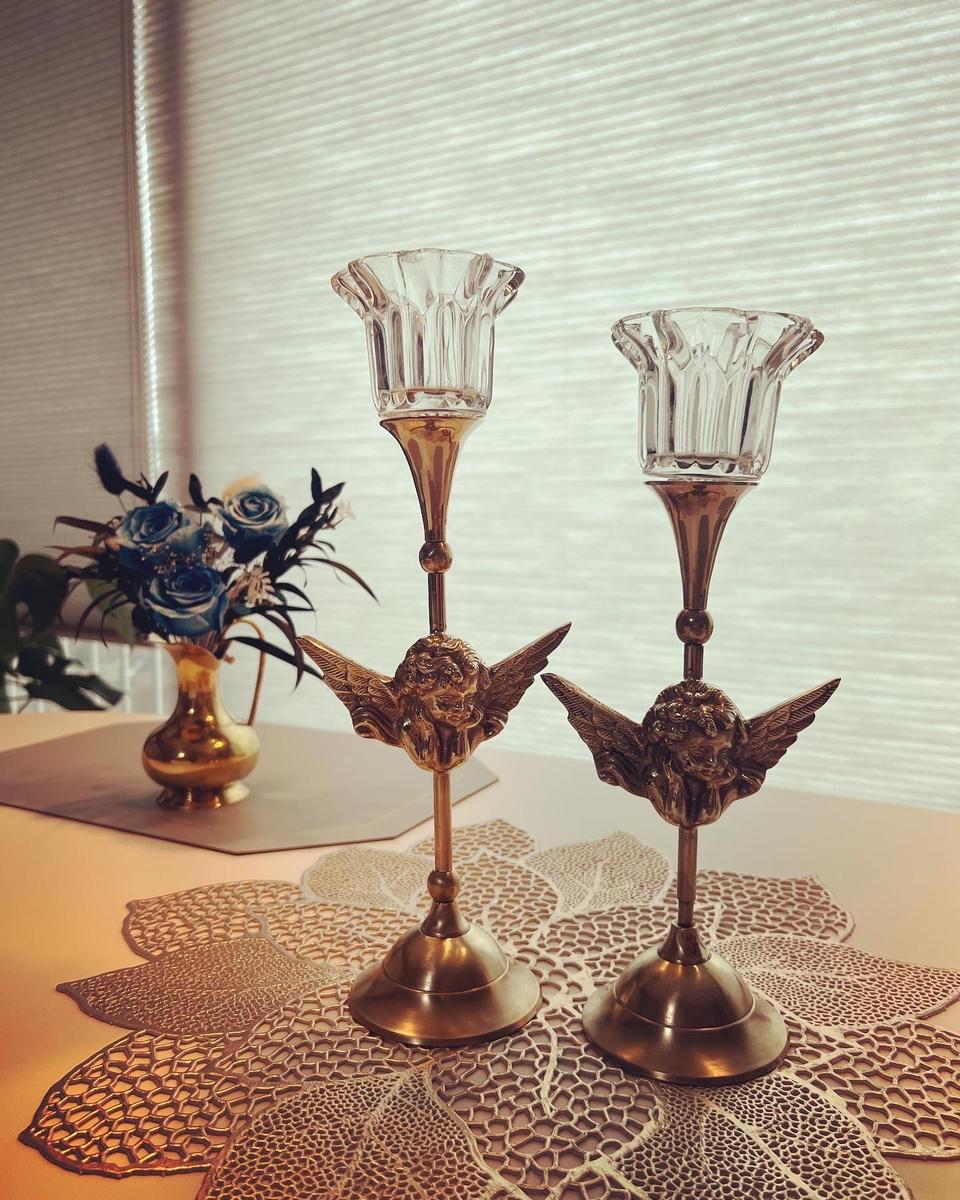 테이블웨어) 빈티지 브라스 천사 캔들 홀더 세트 러플 보티브
