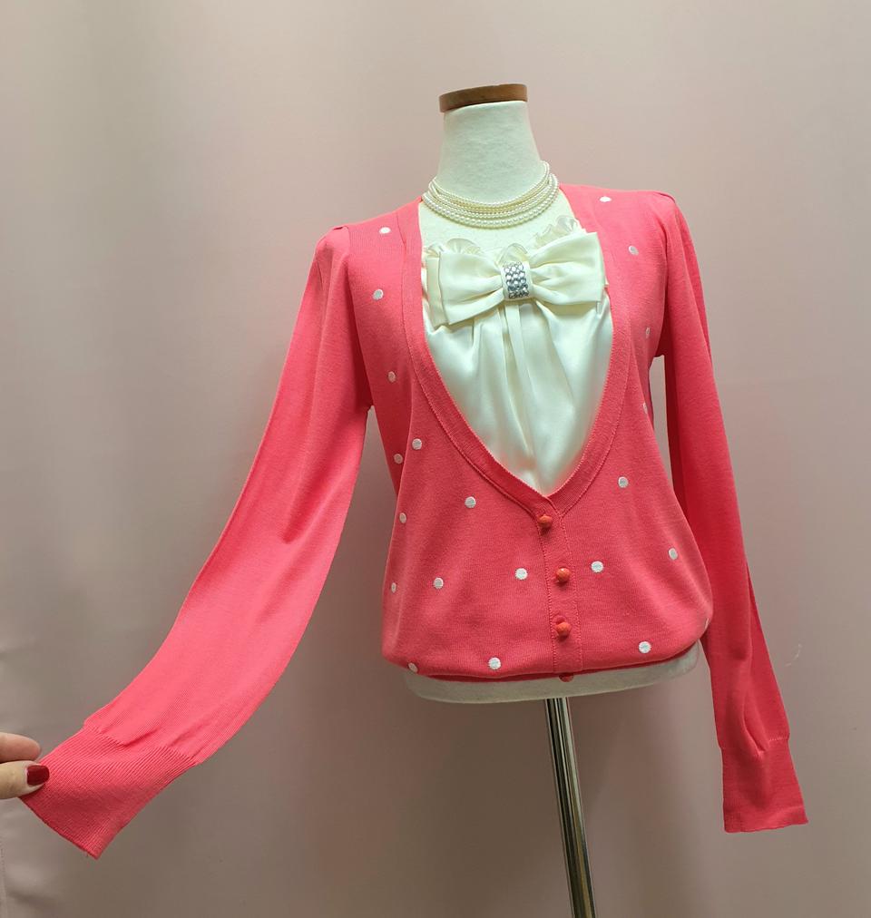 리본 블라우스 레이어드 연핑크 가디건