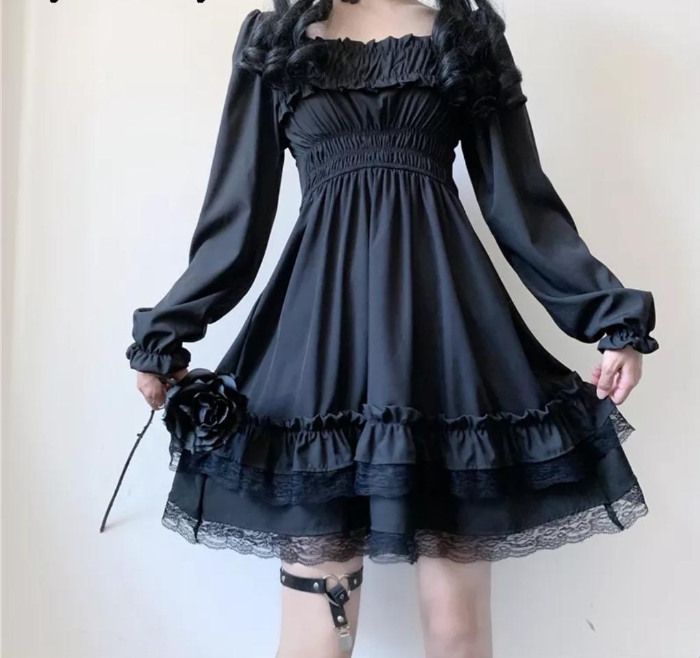 블랙 프렌치 넥 러플 원피스 / 고스로리 / 고스펑크 / 지뢰계 /멘헤라