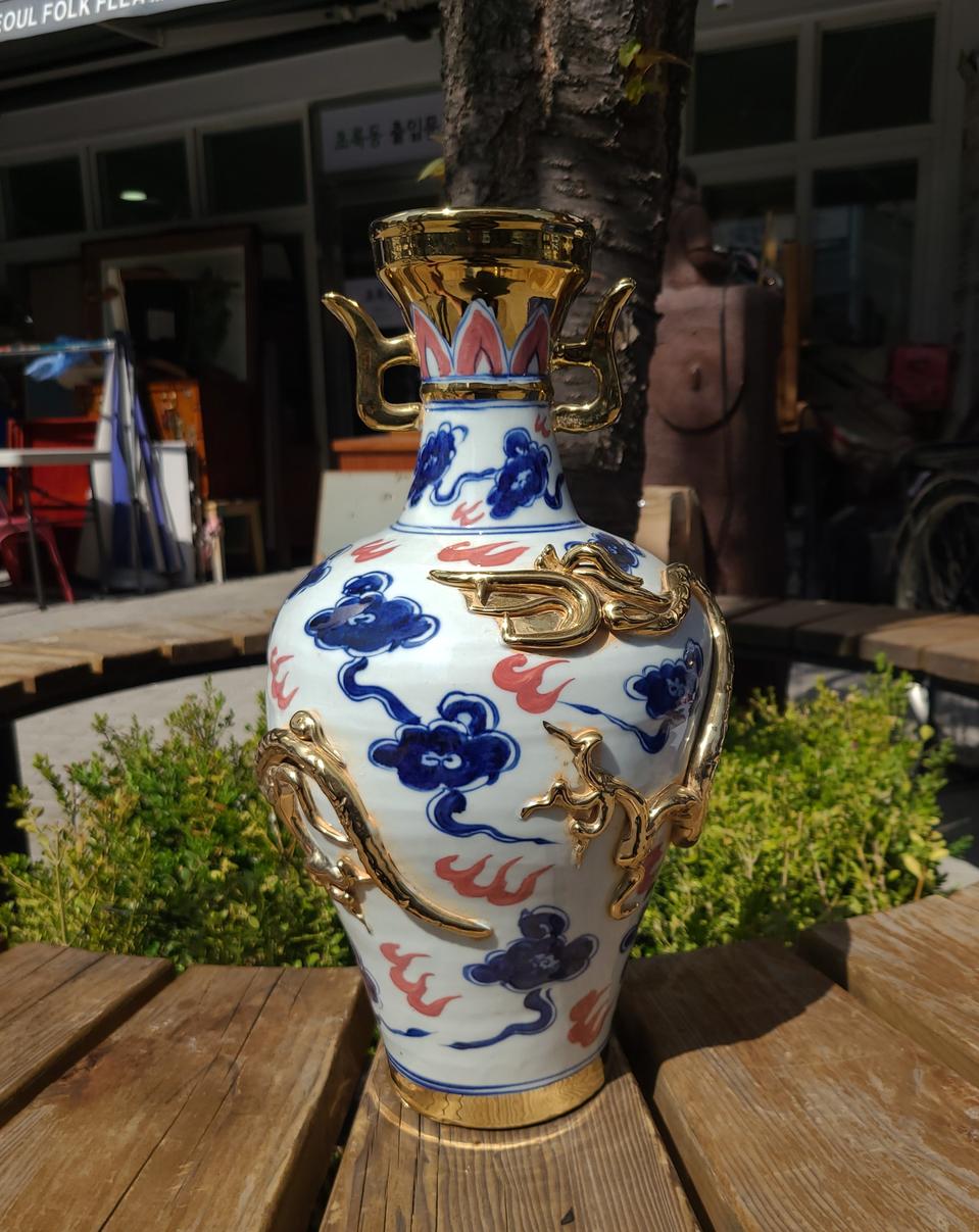 중국도자기 골동품 청화 용문 묘금 양각 양이호 도자기