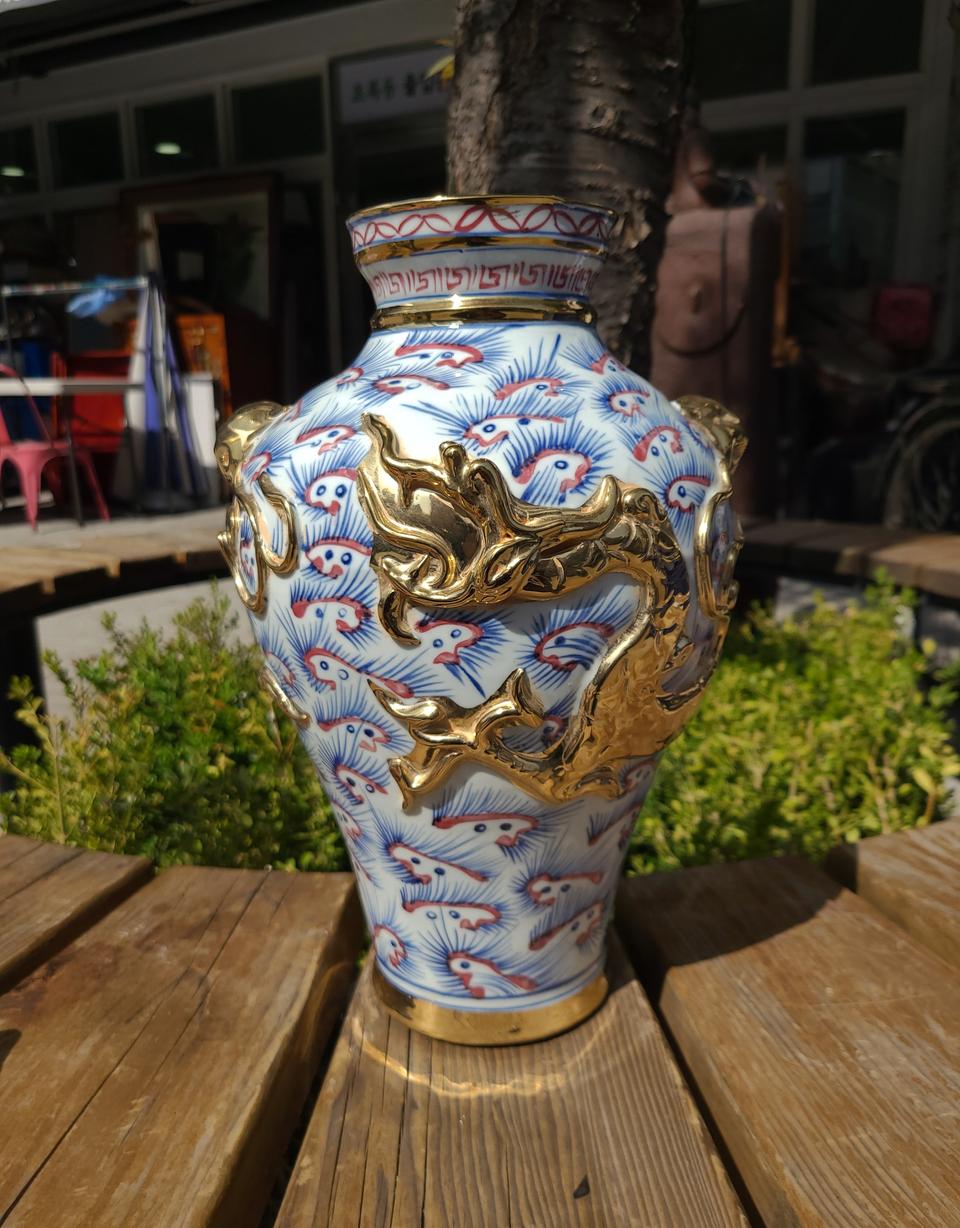 중국도자기 골동품 청화 용문 묘금 양각 양이호 도자기