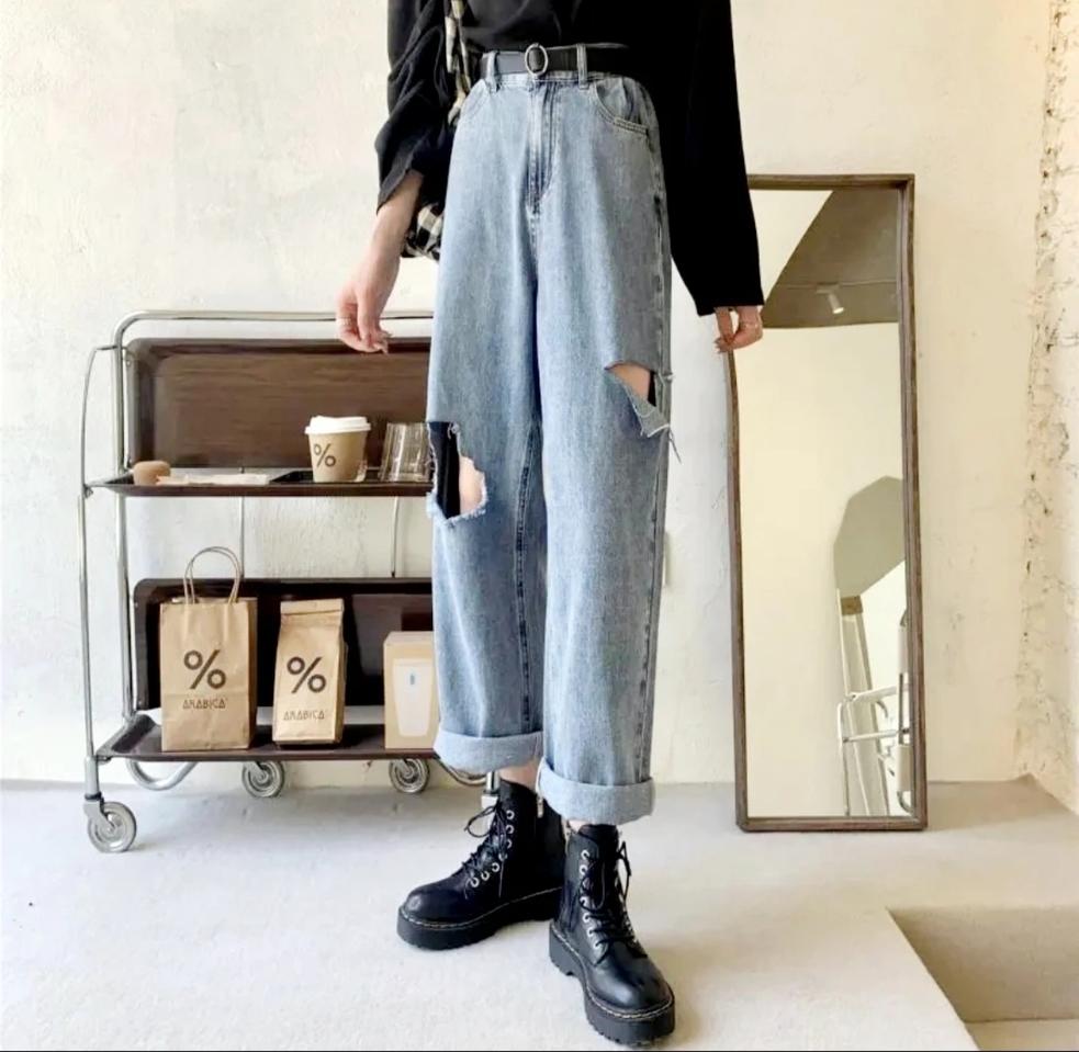 인디고 연청바지 일자 찢청 밀레니엄 키치한 스타일