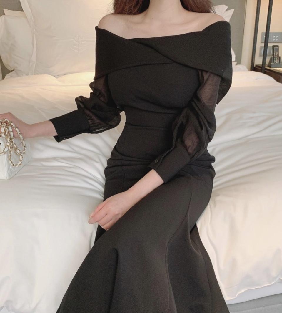 브라이덜샤워 오프숄더 우아쉬폰 머메이드 롱 원피스