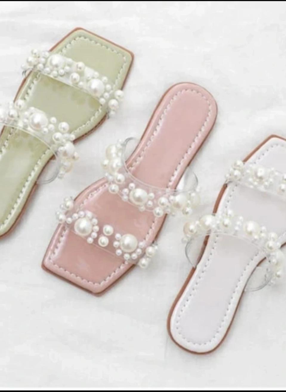 투명 클리어 하프 진주 포인트 더블 스트랩 슬리퍼
