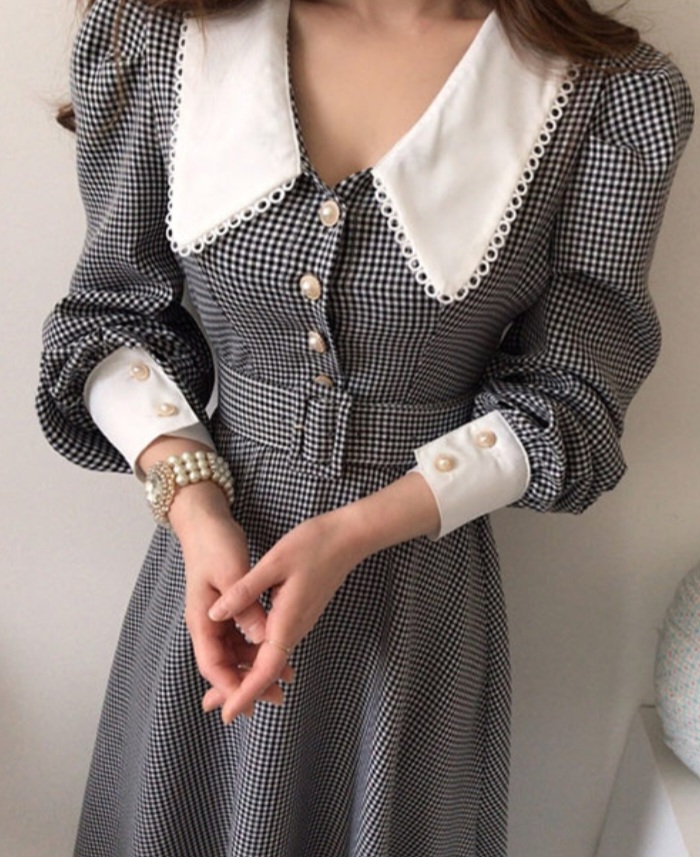 빅카라 체크 진주 벨트 원피스