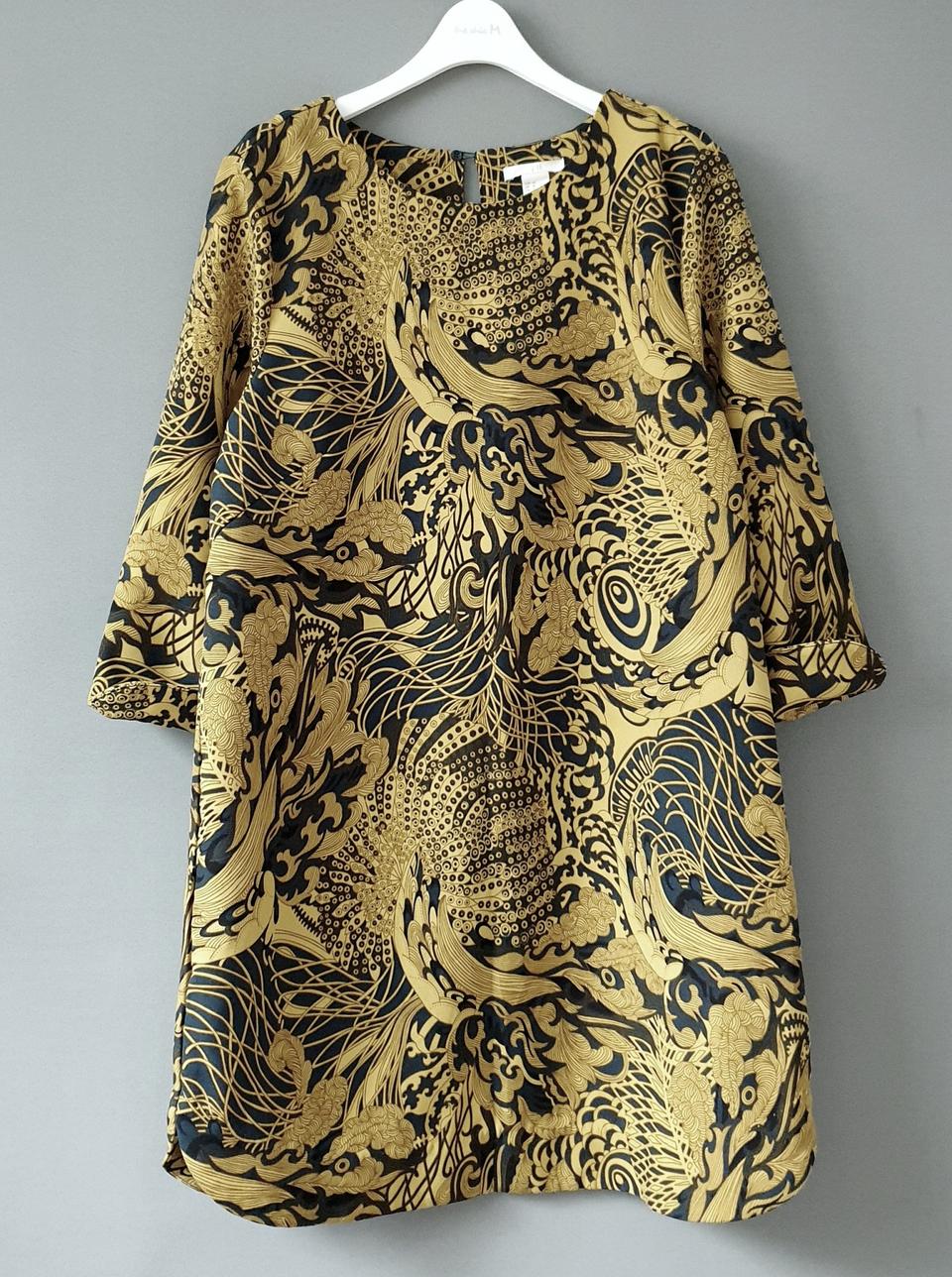 H&M 에이치앤엠 럭셔리 프린트 원피스 오리엔탈풍 골드베이지 네이비 M