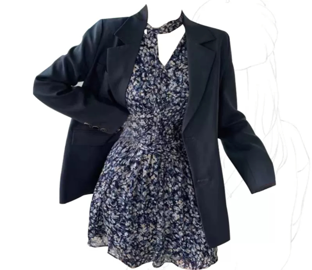 봄새틴 잔꽃 원피스 슬림핏 원피스 스카프 포인트