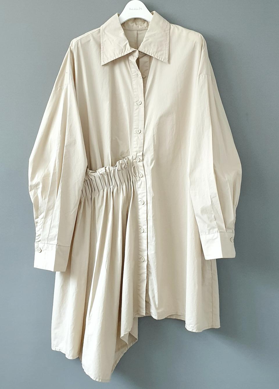 수입브랜드 언발 비대칭 주름장식 셔링 블라우스 셔츠원피스 롱남방 롱셔츠