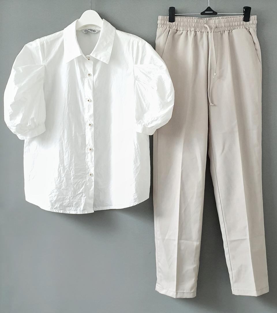 국내제작 라이트 베이지 밴딩 스트링 팬츠 오트밀컬러 데일리팬츠 여름바지S