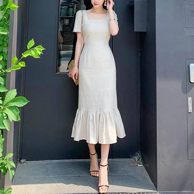 스퀘어넥 롱 린넨원피스