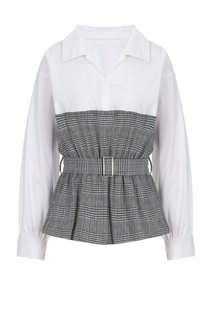 새상품 언발란스 체크 벨티트셔츠형 블라우스