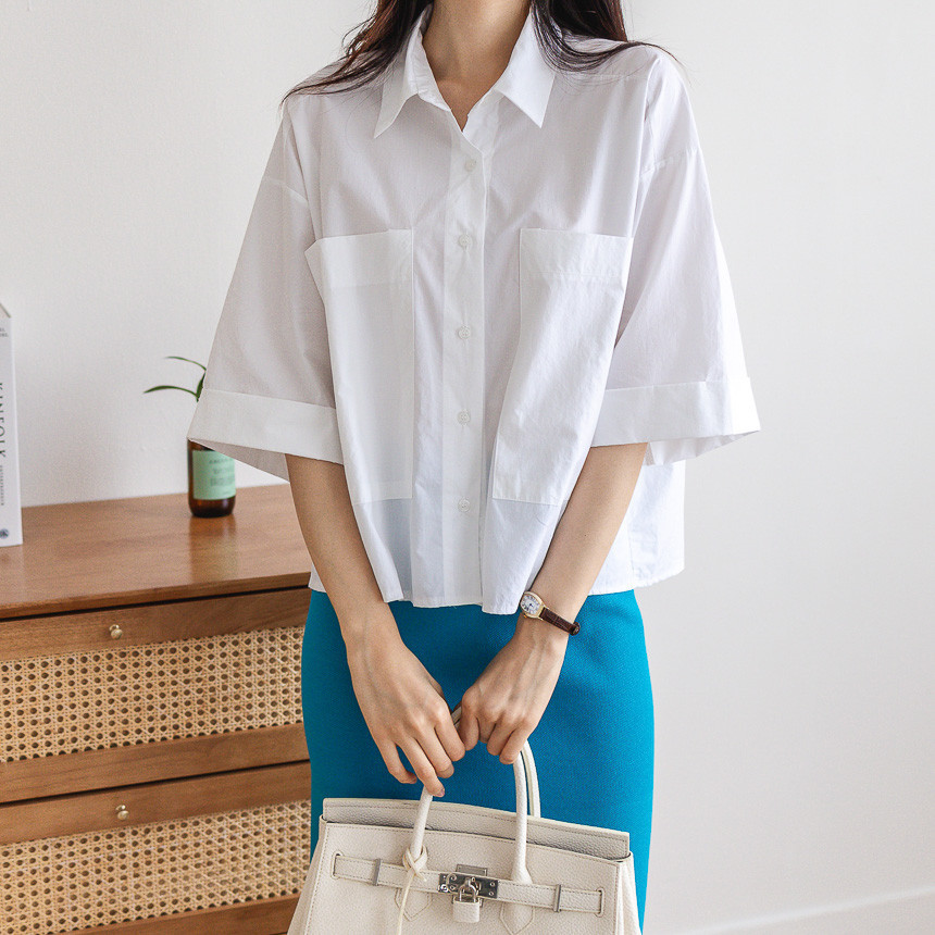 새상품)오버핏 5부셔츠 (스카이블루)