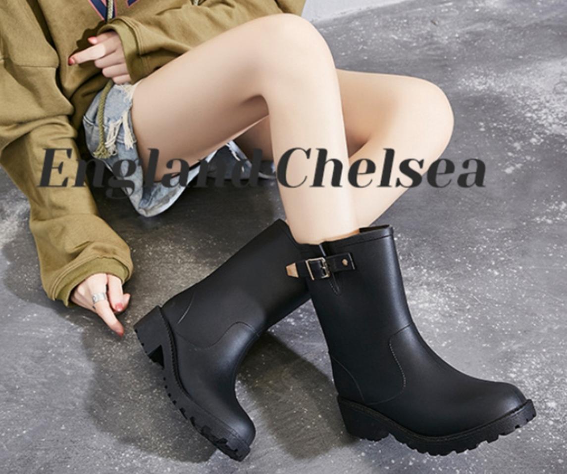 새상품 230-250)여성 올블랙 밸트 디자인 레인부츠