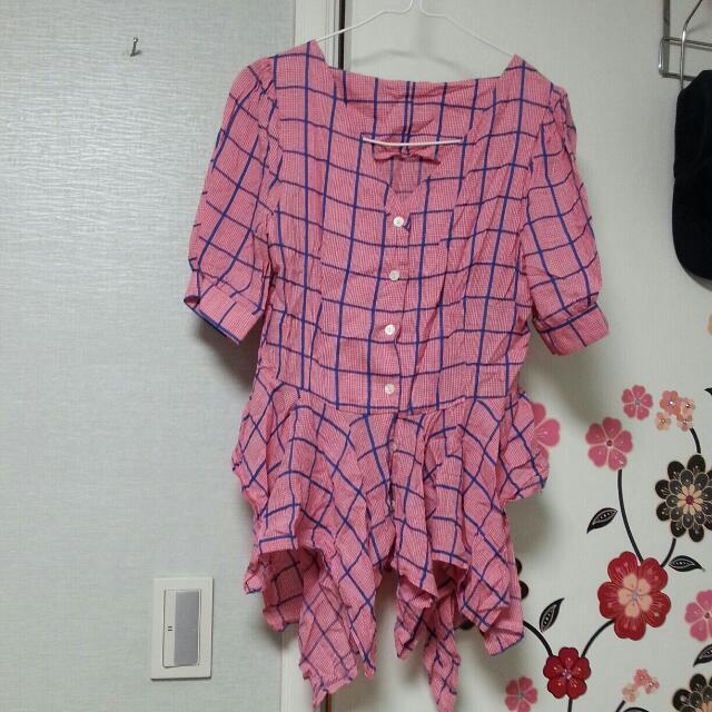 핑크체크 린넨 아사면 블라우스(가격내림)