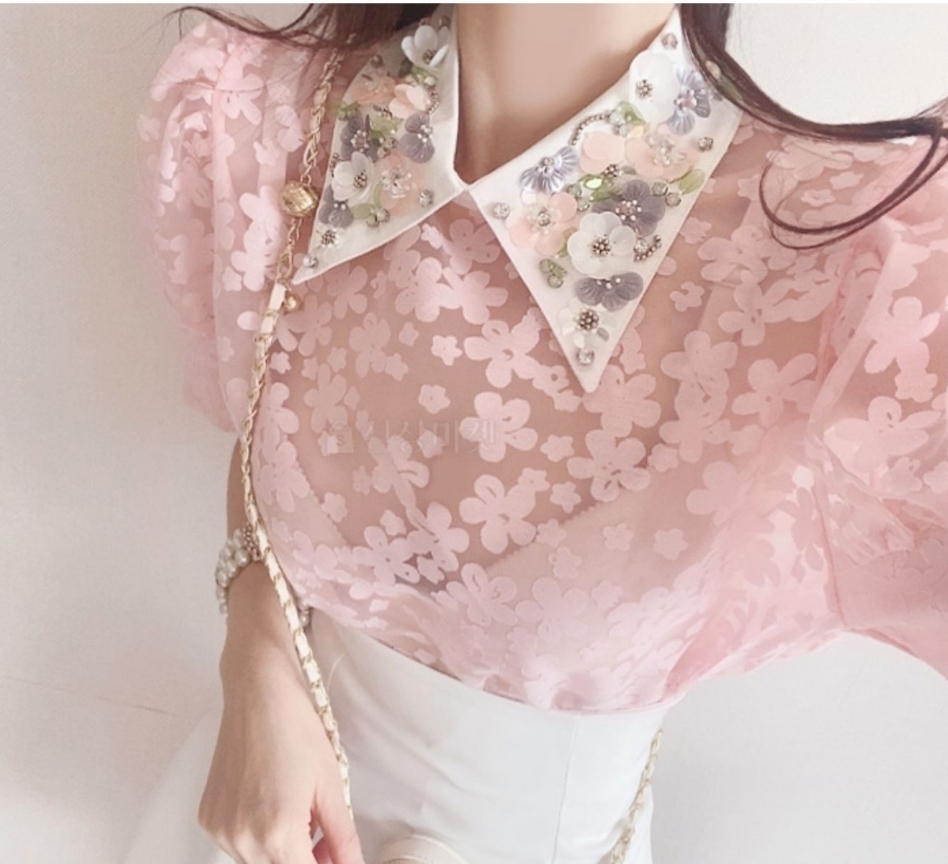 반팔블라우스 국내제작 퍼프블라우스 시스루 플라워 여름블라우스 오피스룩