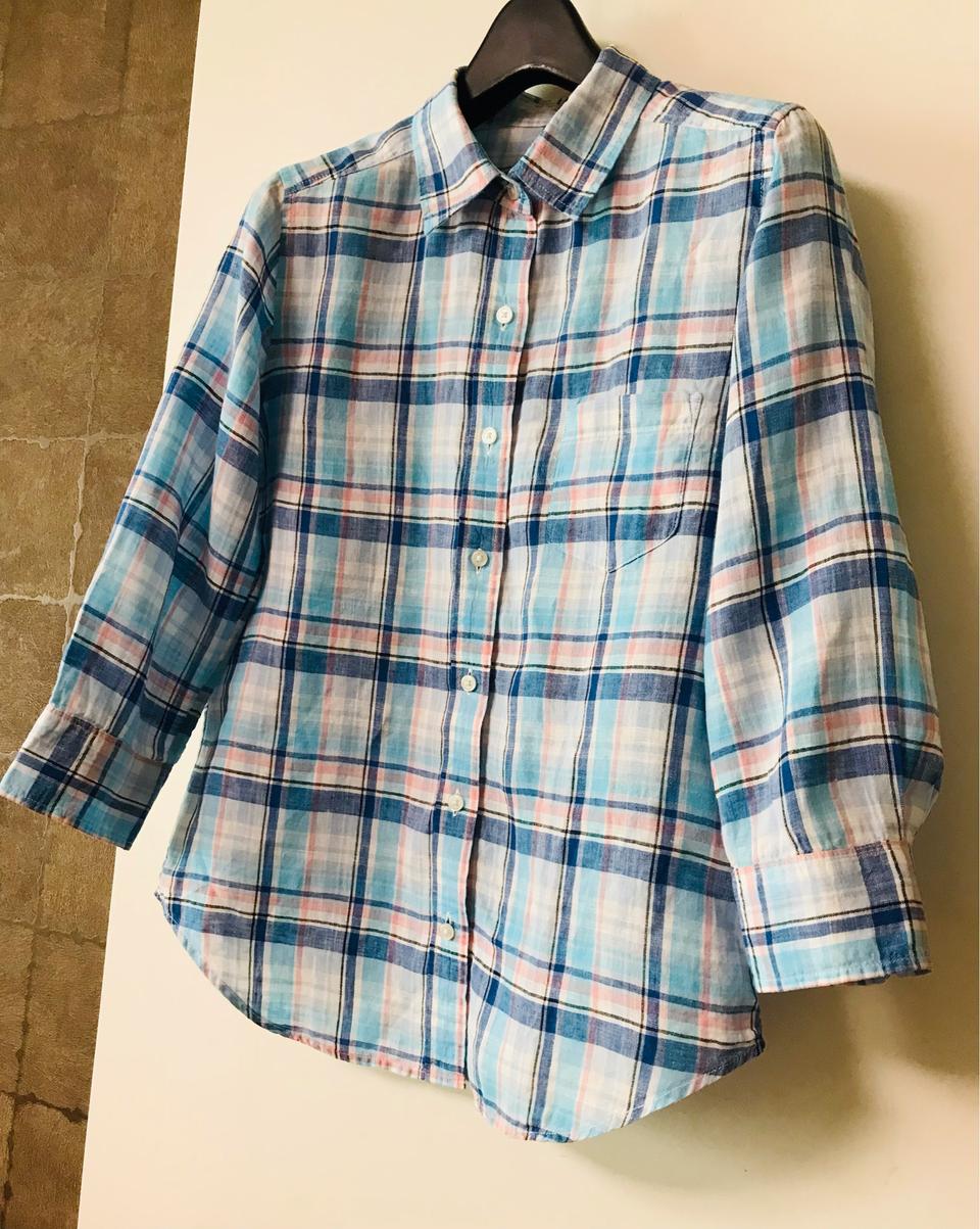 블루 멀티체크 린넨 7부셔츠