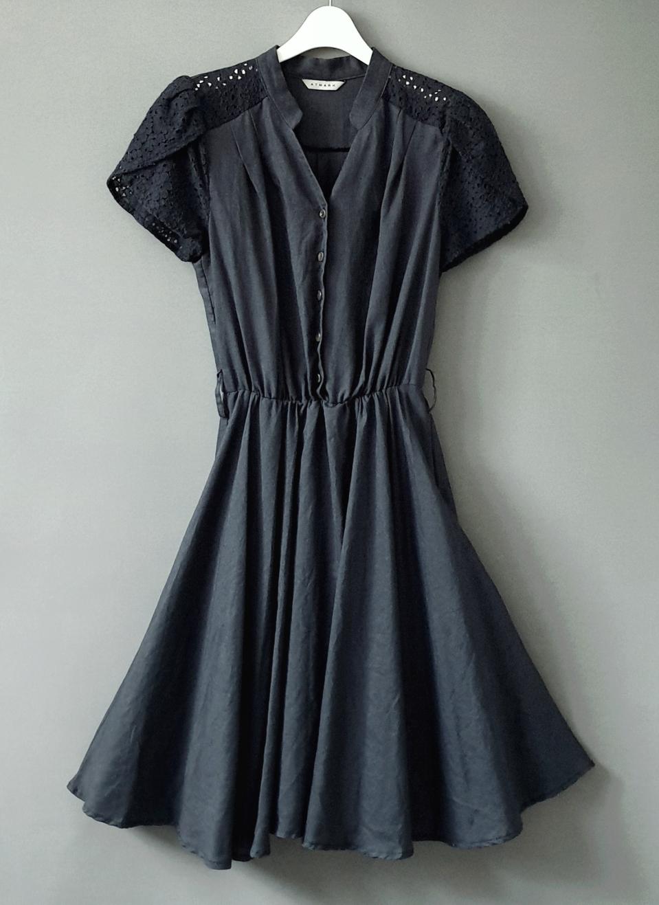 ATMARK 앳마크 레이스 배색 린넨 플레어원피스 허리밴딩 풀스커트 S