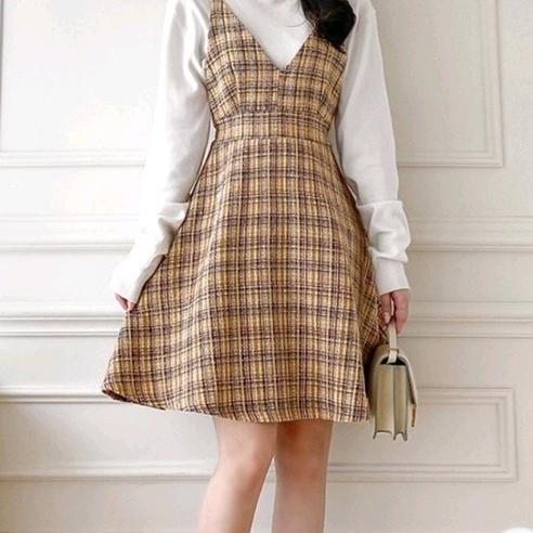 (미시착새제품)아뜨랑스 믹스 트위드 플레어 미니 서스펜더 원피스