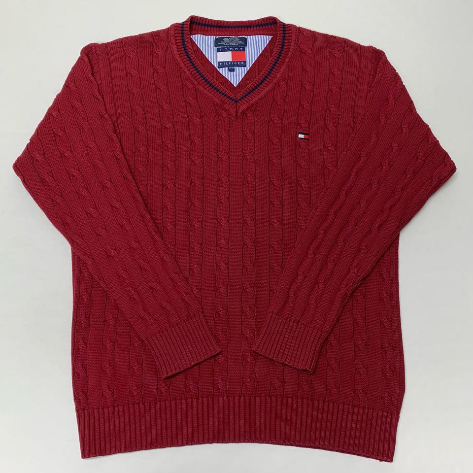 타미힐피거 올드스쿨 브이넥 꽈배기니트 (M)