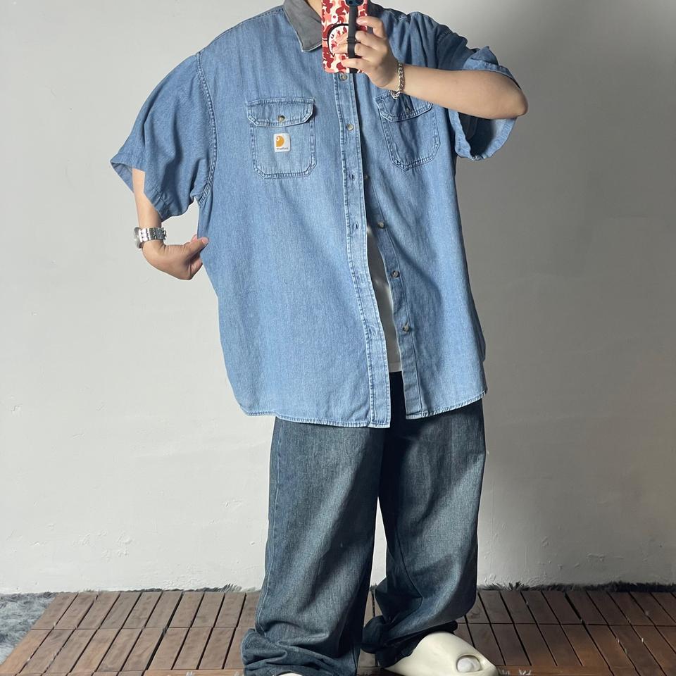 [2XL]칼하트 리메이크 코듀로이 카라 데님 연청 반팔셔츠