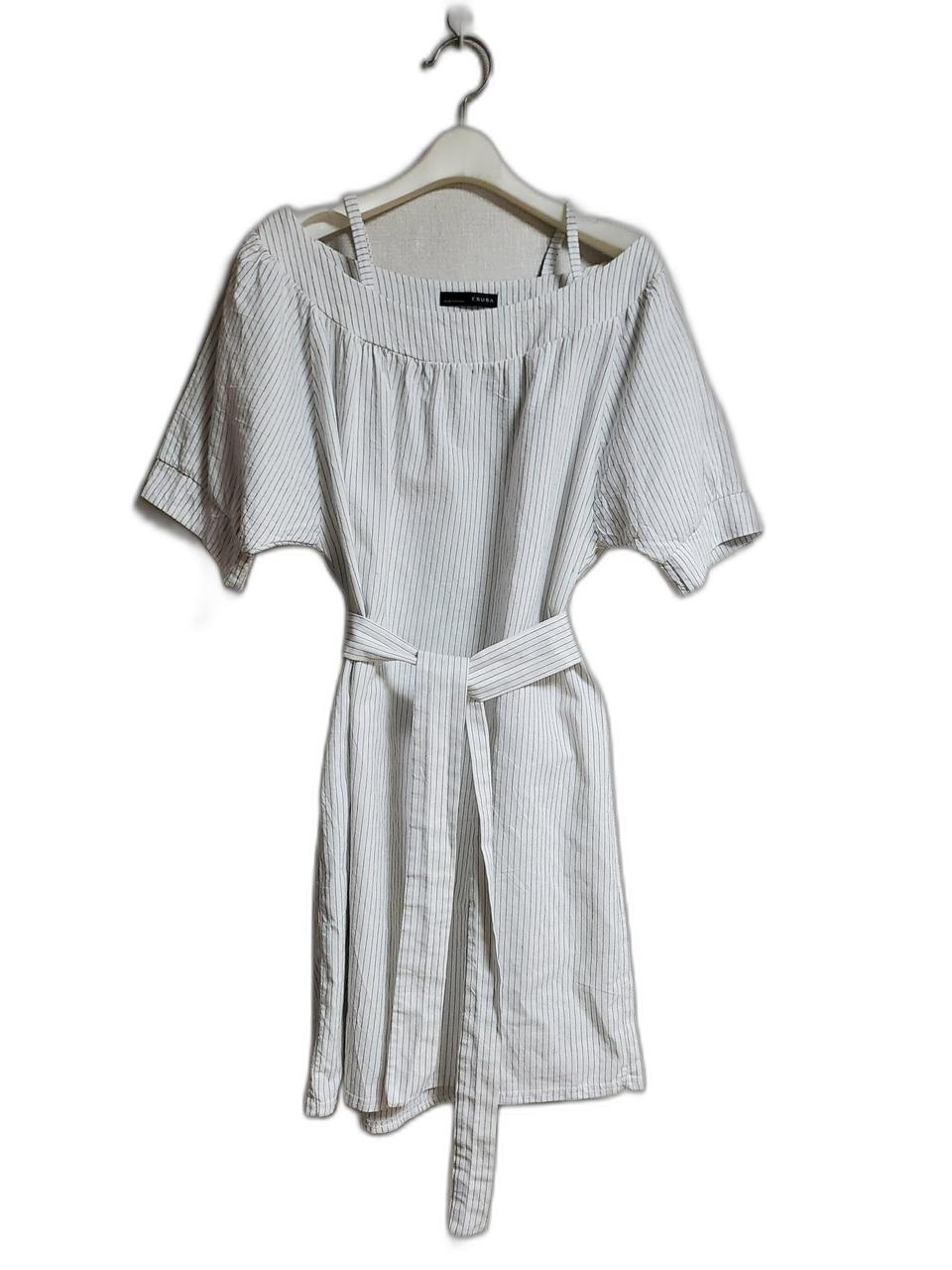 FREE 린넨 스티치 오프숄더 허리끈 반팔 원피스