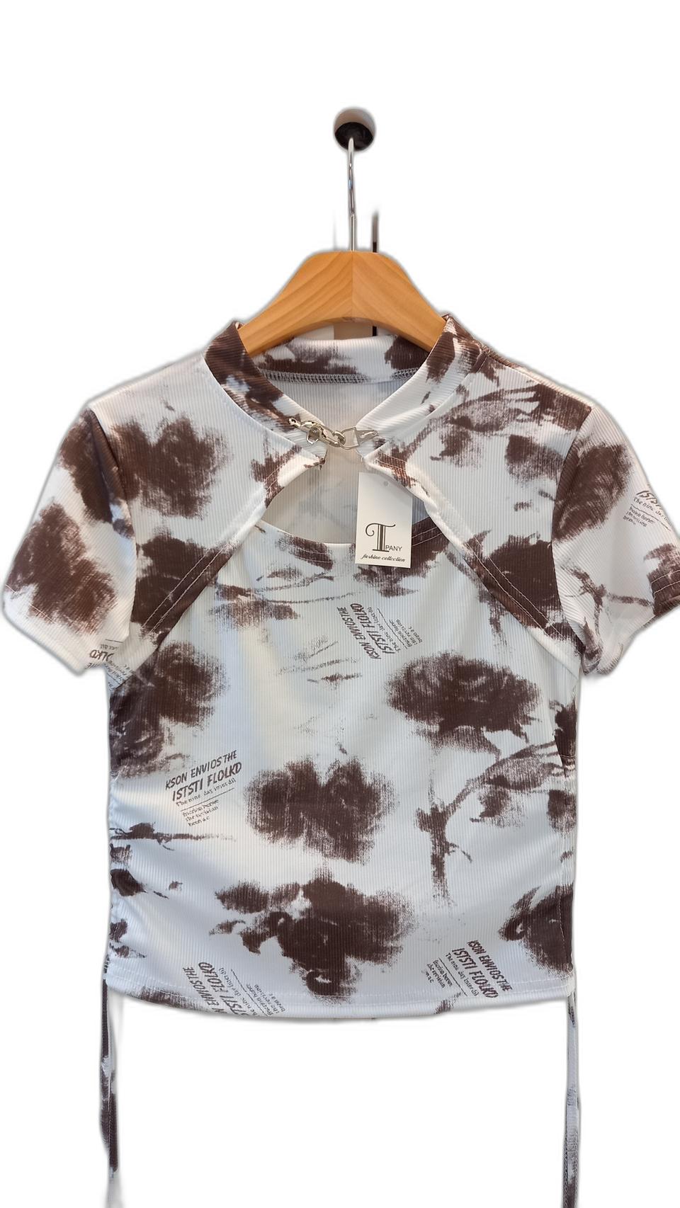 ♦택있는  새상품/ 딱붙 넥장식 쵸코 영문 프린팅 이너티셔츠 / size