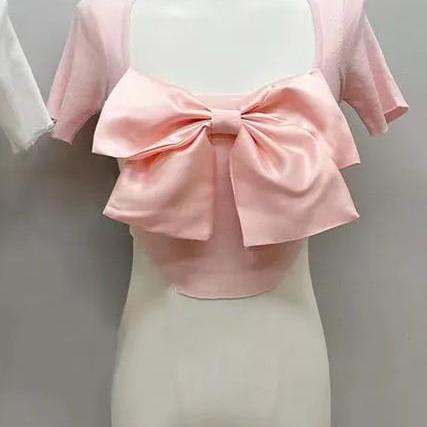 (새상품)공주템 리본 니트 크롭티 왕리본 핑크