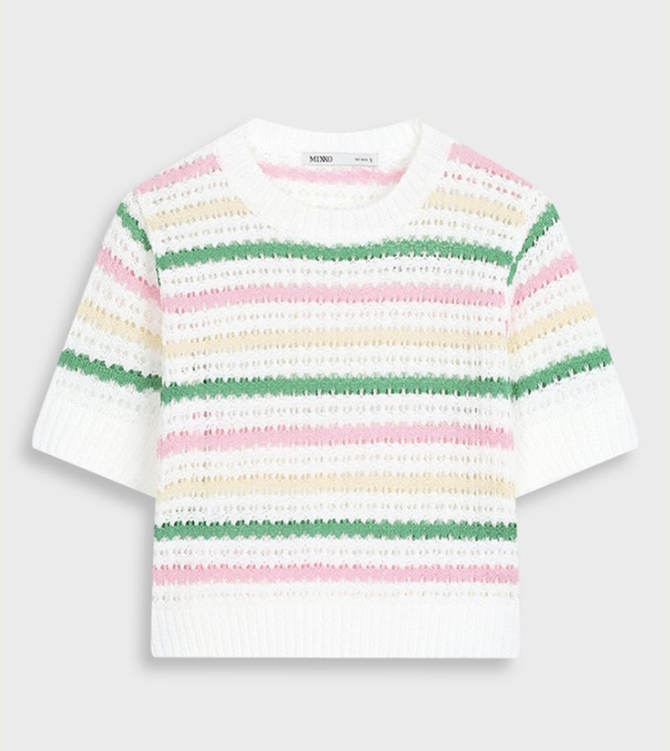 [새상품] 미쏘 스카시 스트라이프 크로셰 반팔 니트