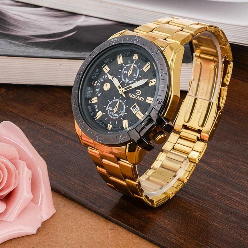 새 금색 정장 손목 시계 스테인레스 쿼츠 남성 남자 패션 아버지