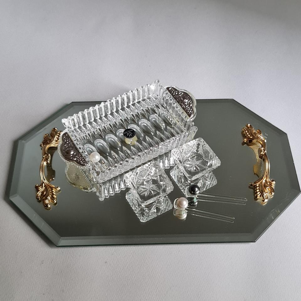 빈티지 독일 실버 크리스탈 크루엣 세트 빈티지 트레이 머스타드 잼 자