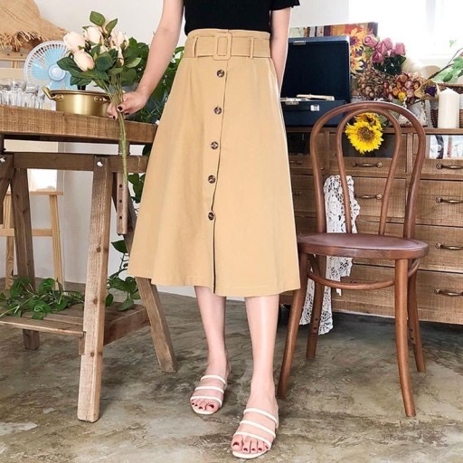 A라인 롱치마 스커트 벨트 단추 베이지