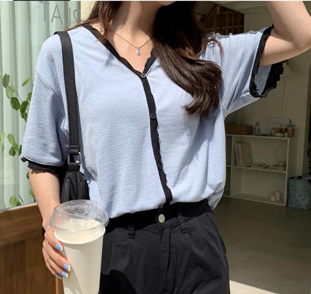 육육걸즈 물결 가디건 여름 반팔니트 하늘색