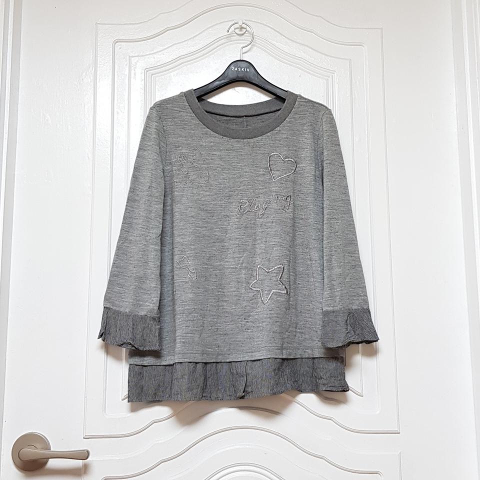 울혼방 자수 프릴 셔츠 남방 배색 부들 찰랑 칠부 티셔츠 M