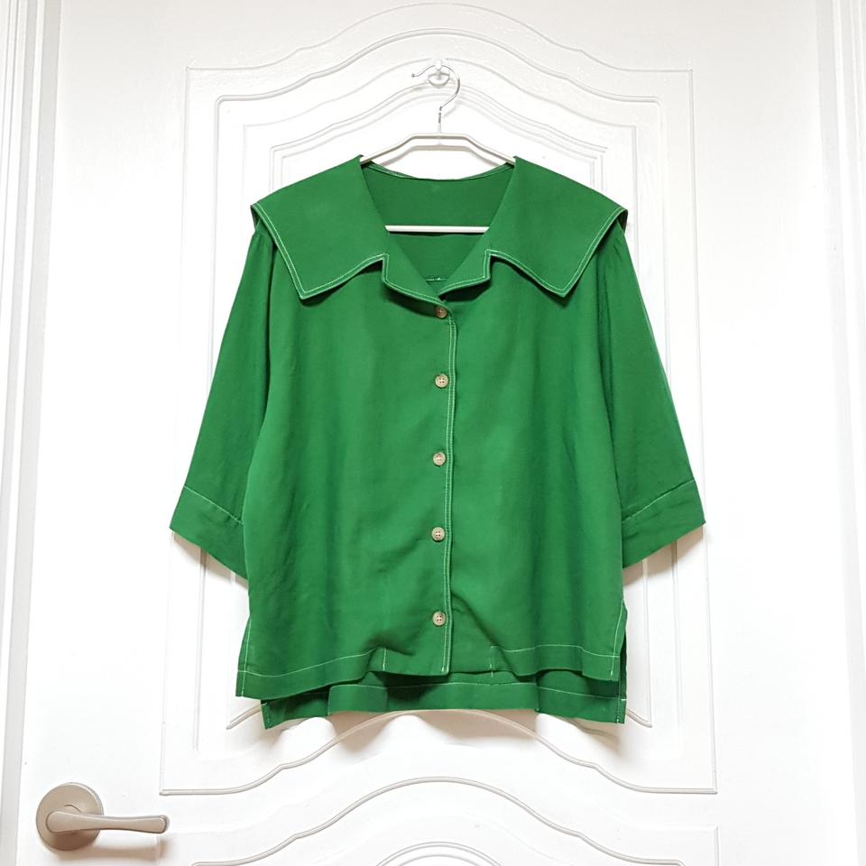 그린 세일러 빅카라 내추럴 린넨 마 자켓 칠부소매 루즈핏 프리