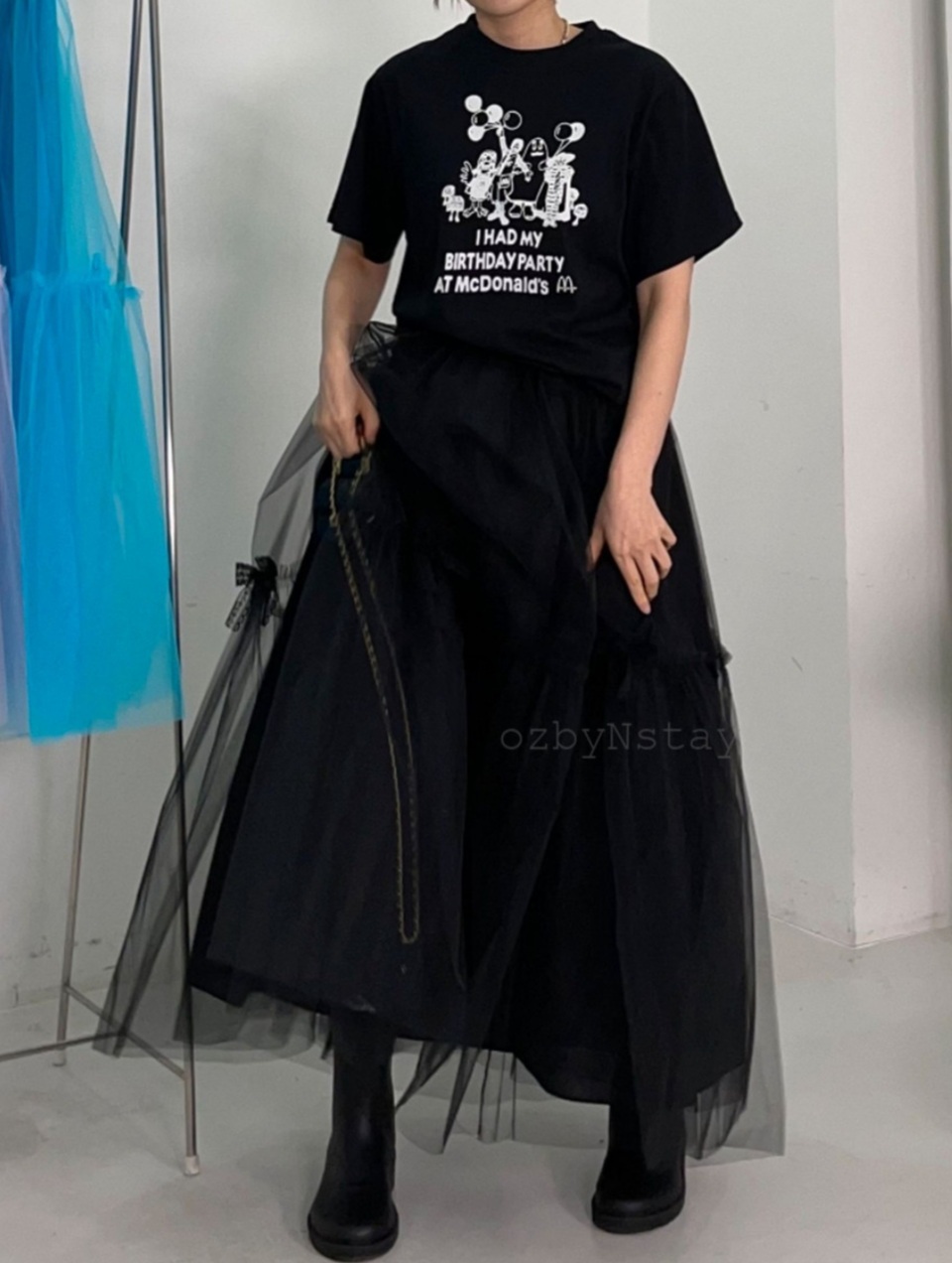 세컨케이 빅사이즈 블랙 리본샤 캉캉롱스커트