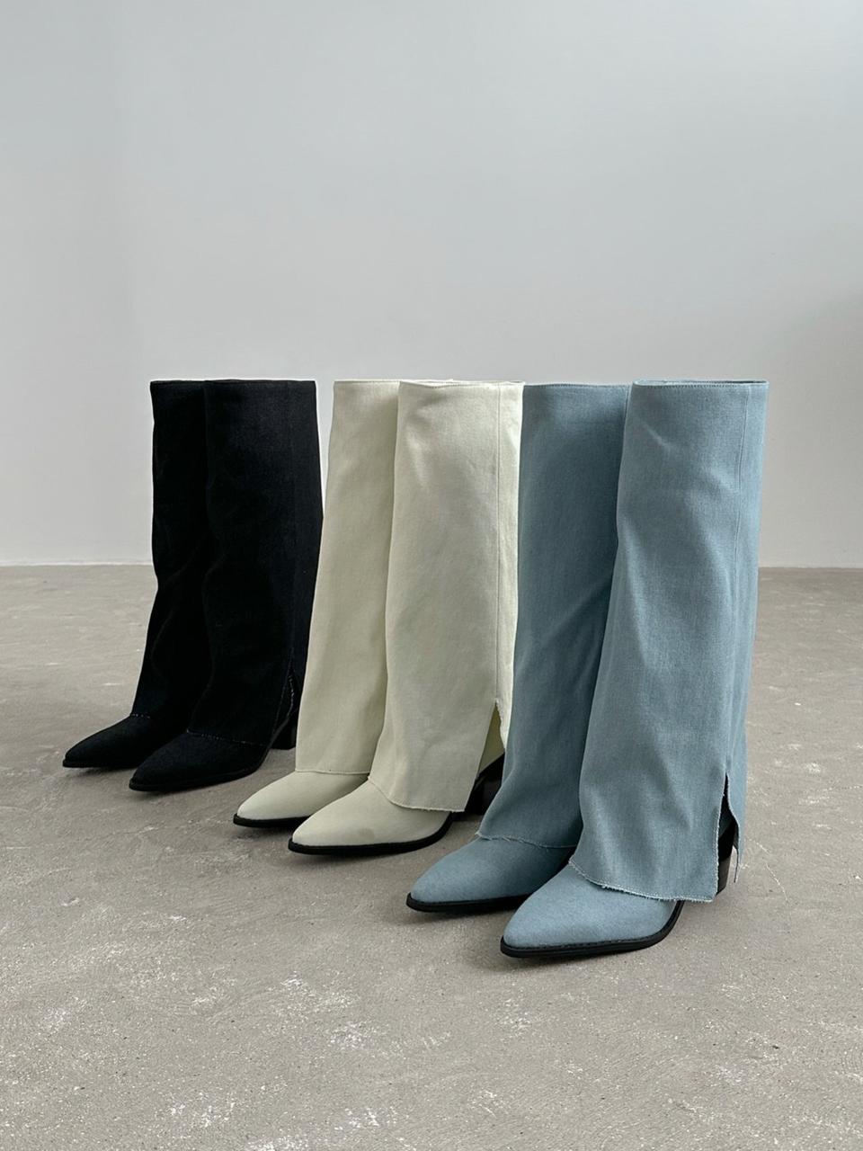 @세일 333 뾰족코 6cm 텍스타일 절개 폴드오버 롱부츠-블루