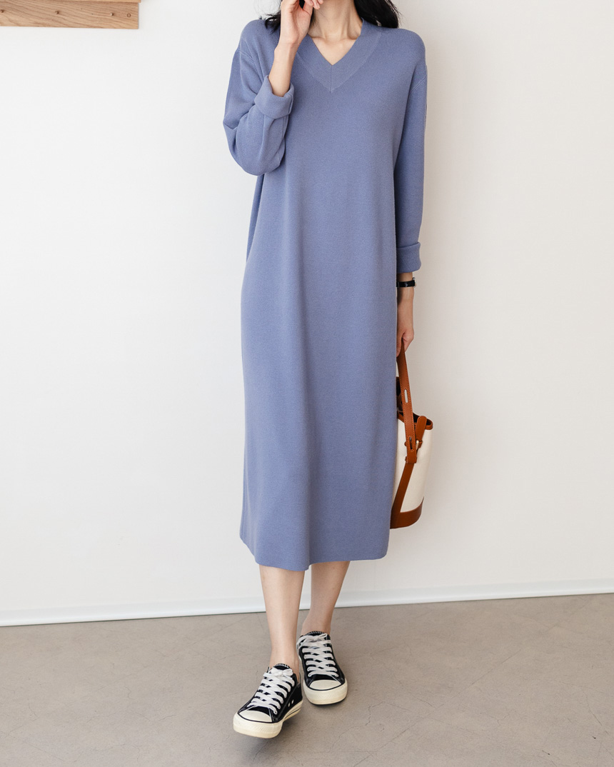 심플 브이넥 롱 니트원피스