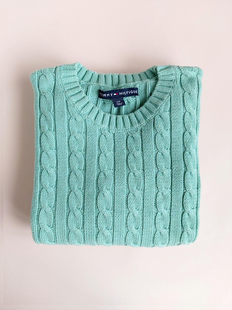 타미힐피거 | 케이블 니트 라운드넥 스웨터 민트 그린 S