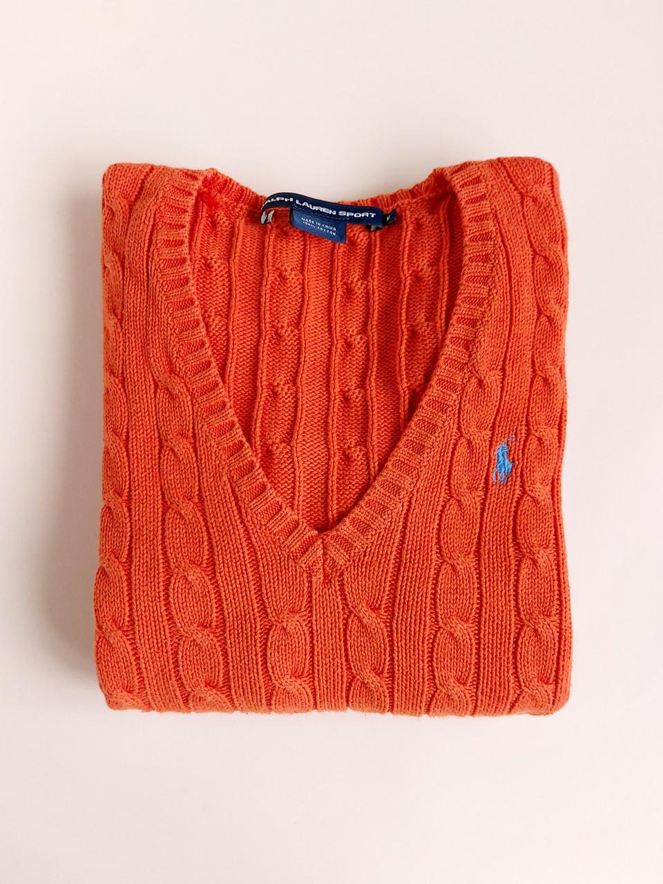 폴로 랄프 로렌 | 케이블 니트 브이넥 스웨터 오렌지 M