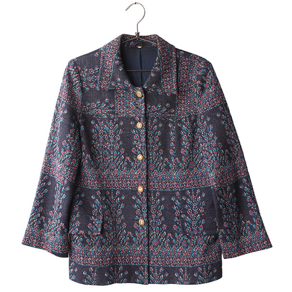 빈티지 레트로 자켓 카라 긴팔 여성 아우터 패턴 상의 단추 울