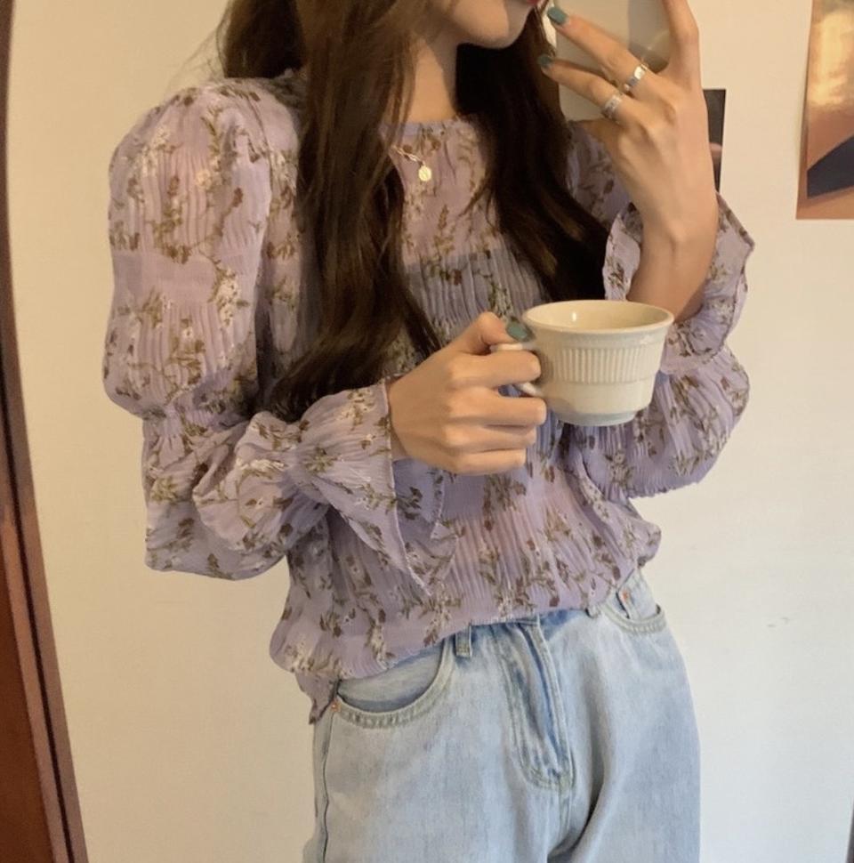 퍼플 시스루 플라워 프릴 블라우스