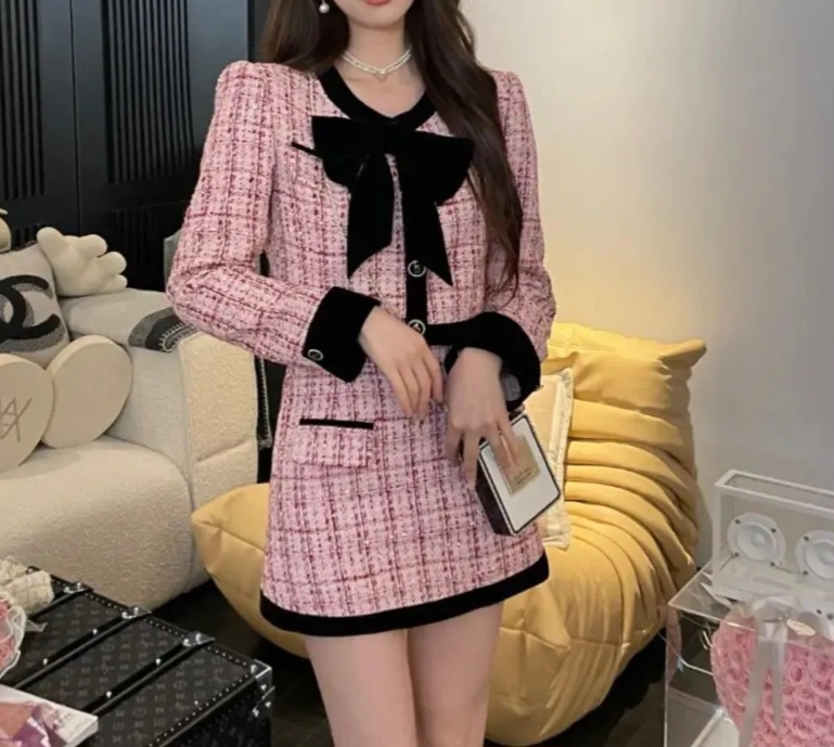 리본 배색 핑크 트위드 투피스 공주룩