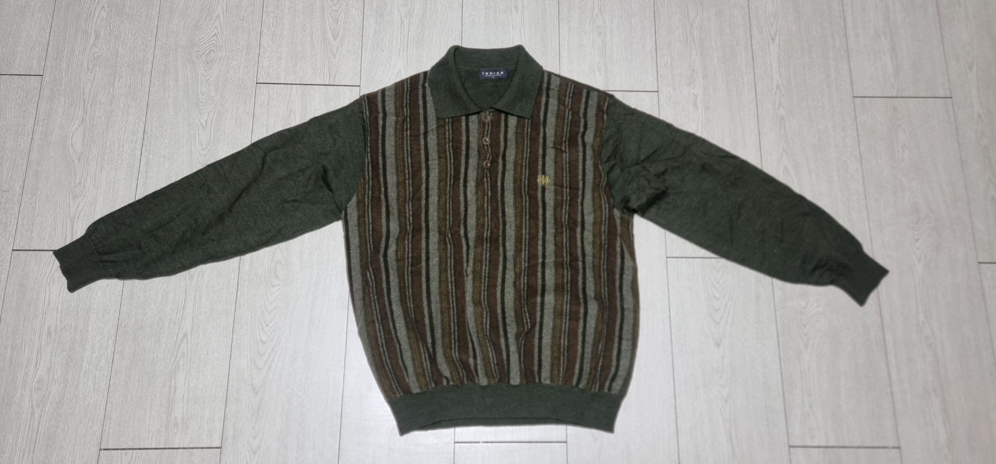 인디안 울 100% 스트라이프 긴팔니트 카키브라운 100