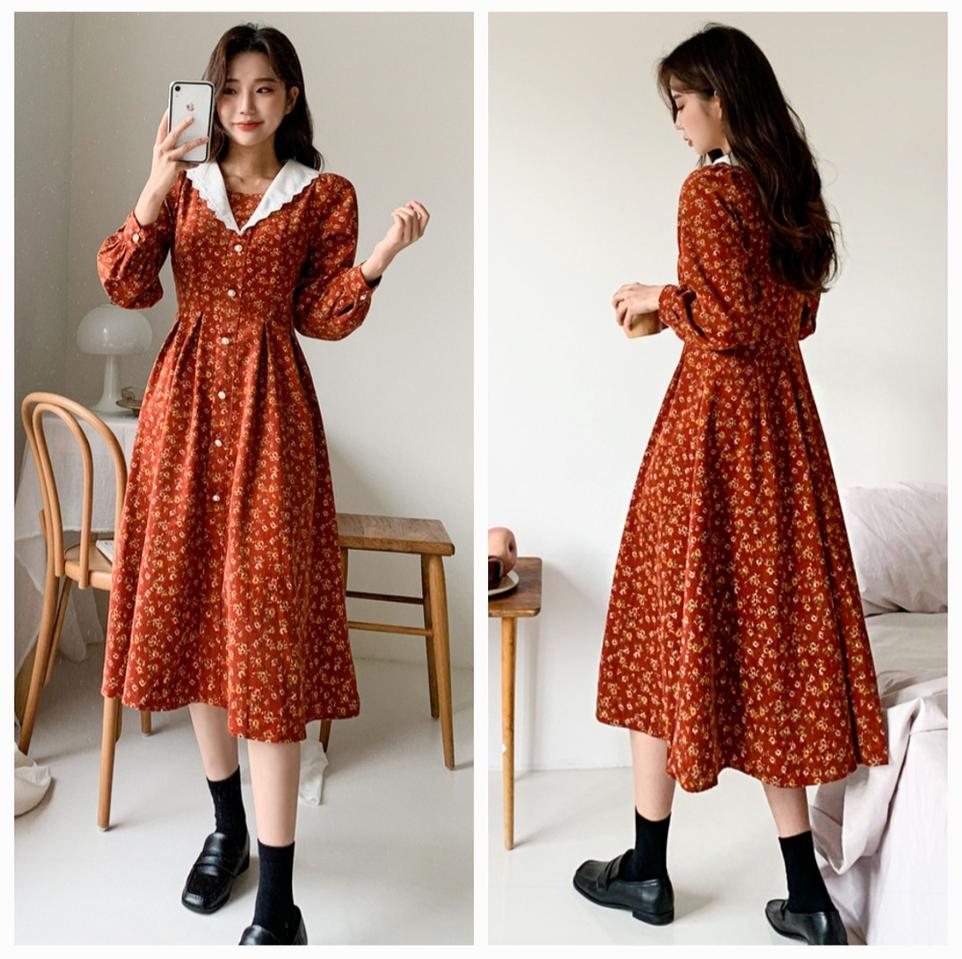 [ 익일출고/Sale ] 골덴/코듀로이 '레이스자켓 퍼프플레어' 롱원피스