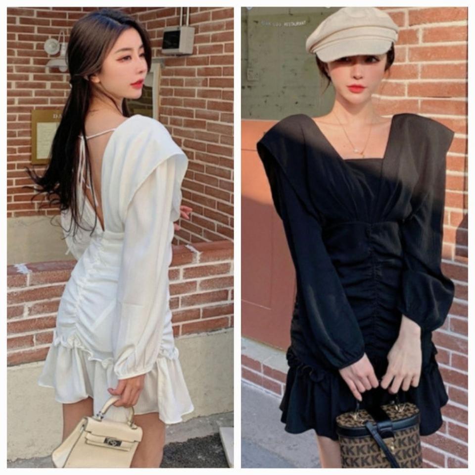 [ 익일출고/Sale ] '뒷트임셔츠 셔링프릴 스퀘어넥 퍼프' 미니원피스