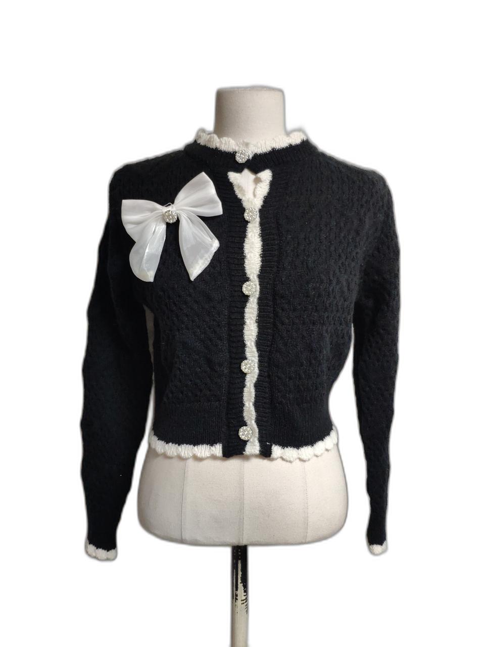 리본 진주 니트 가디건