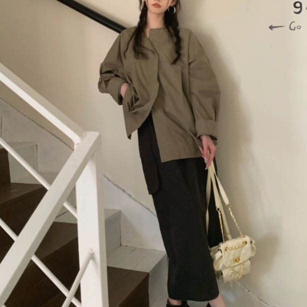 베이직 밀리터리룩 라운드 루즈핏 투포켓 셔츠 남방블라우스 빈티지 자켓