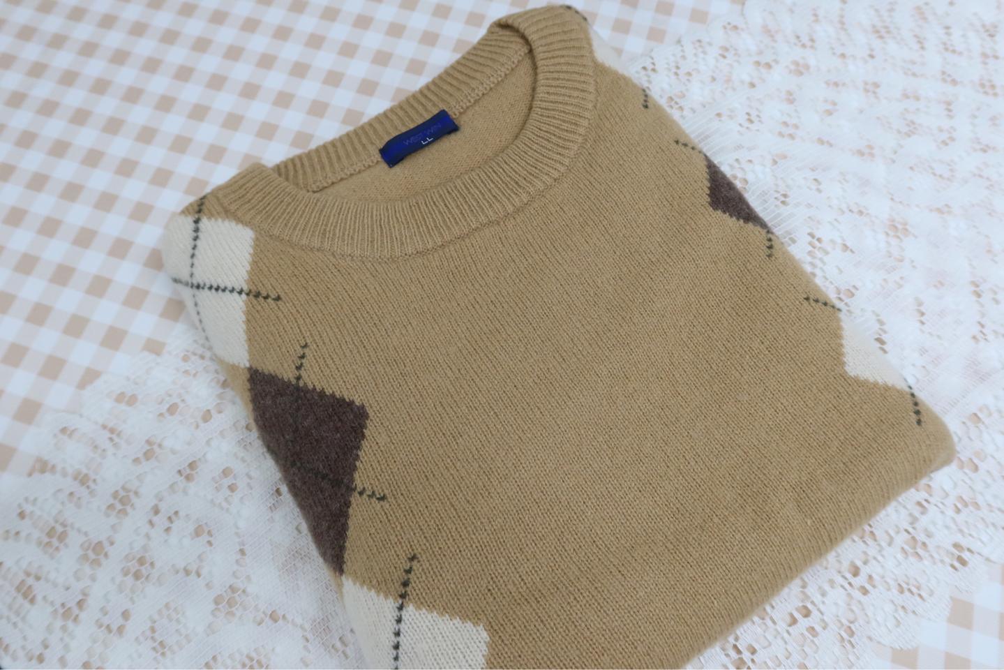 패턴 예쁜 울100% 아가일 라운드넥 니트 L